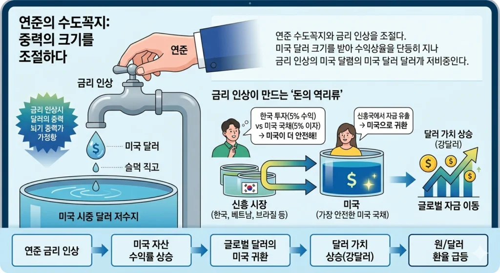 연준 금리 인상 영향, 신흥 시장과 미국 국채 투자 비교, 글로벌 자본 이동 및 달러 가치 상승 요약 시각 자료