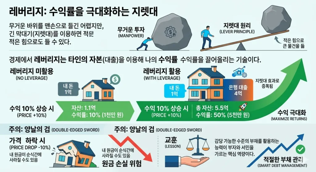 타인 자본을 활용한 레버리지 효과 분석, 가격 상승 시 수익 극대화와 하락 시 양날의 검 위험 설명 이미지