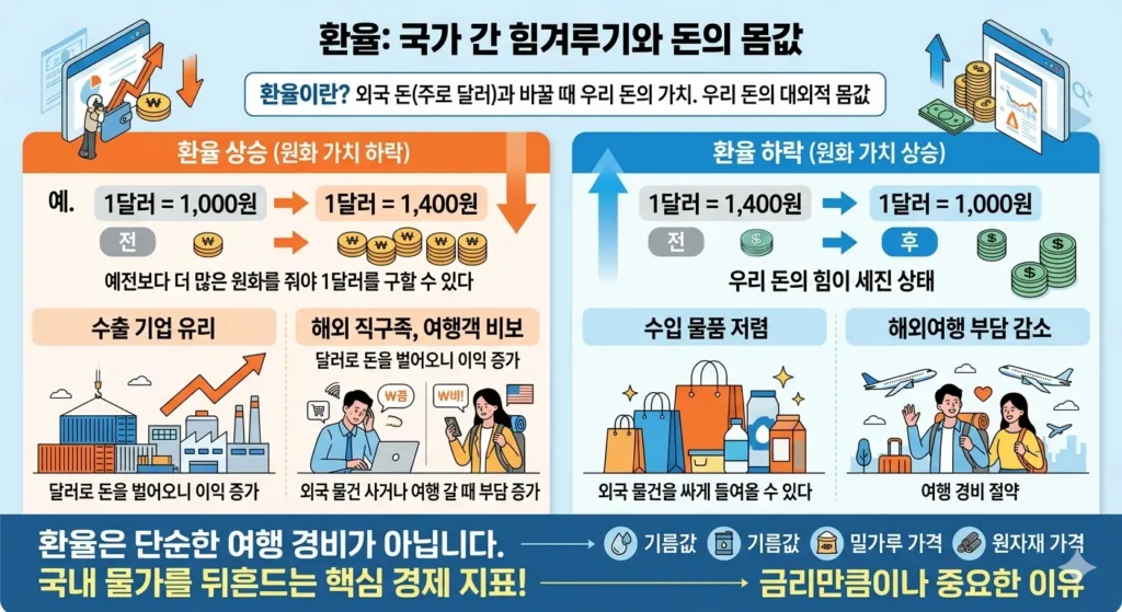 환율 상승과 하락에 따른 원화 가치 변화 및 수출입 영향 비교 인포그래픽