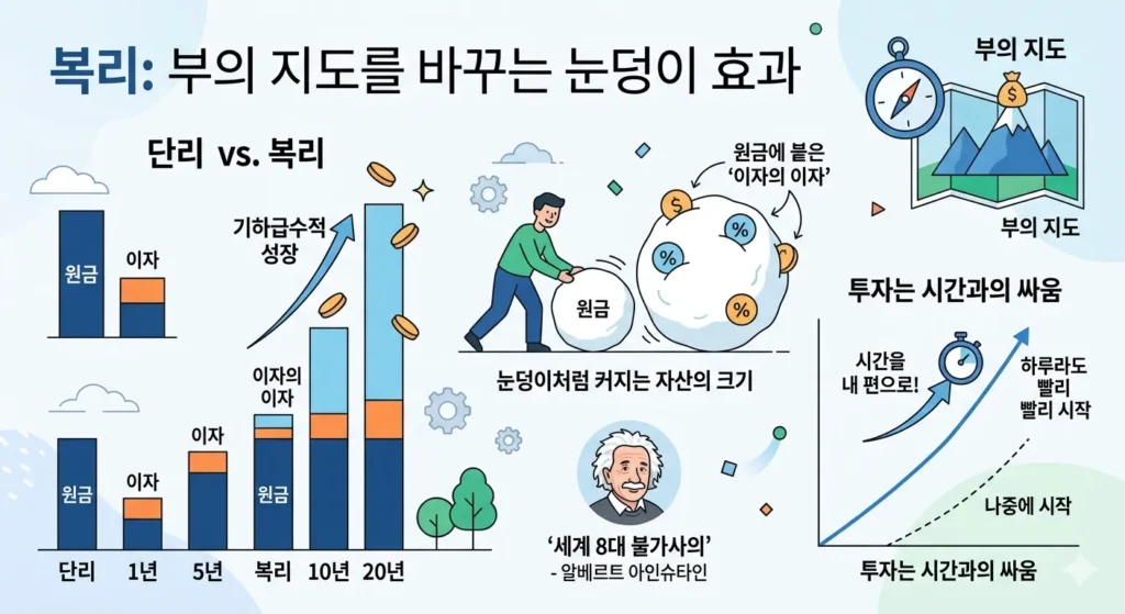 복리와 단리의 차이 및 눈덩이 효과를 설명하는 인포그래픽