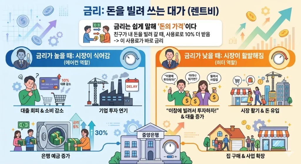 금리 인상과 인하의 영향, 대출 및 기업 투자와 중앙은행의 역할 설명 이미지