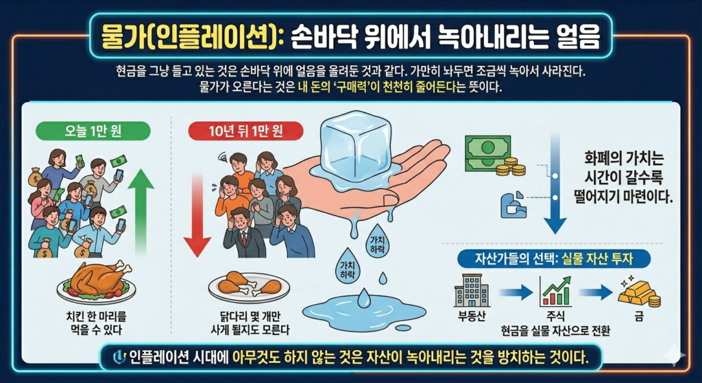 물가 상승 시기 현금 보유의 위험성과 부동산, 주식, 금 등 실물 자산 투자의 필요성 설명 이미지