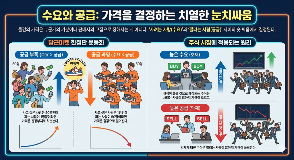 수요와 공급 법칙, 한정판 운동화 가격 급등 사례, 주식 매수와 매도에 따른 차트 변화 시각 자료