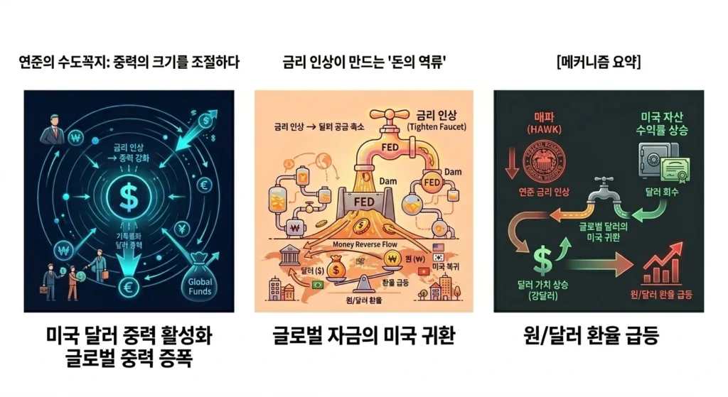 '연준의 수도꼭지' 비유를 통한 금리 인상과 글로벌 자금의 미국 귀환, 강달러 현상 요약 시각 자료