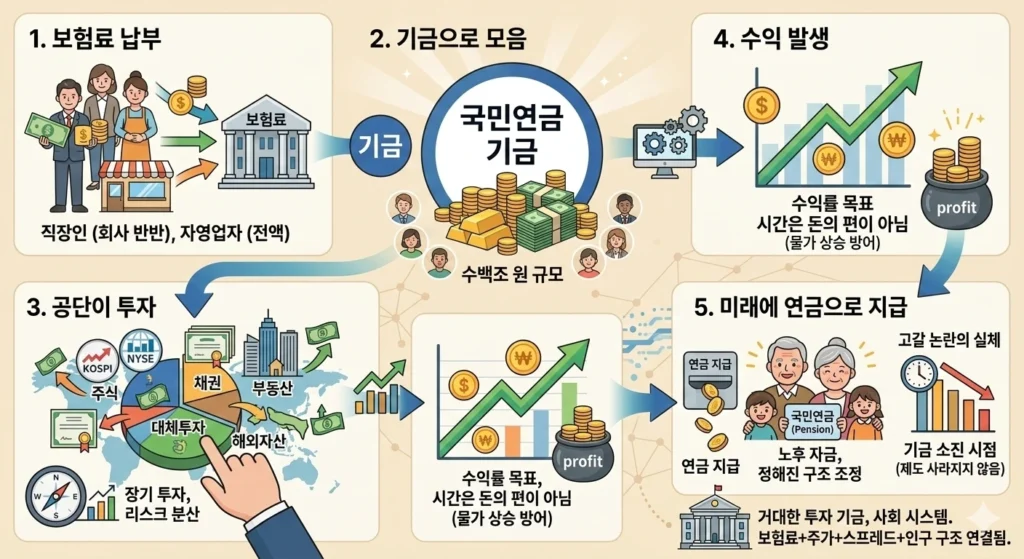 국민연금 구조와 기금 운용 과정, 보험료 납부부터 투자와 연금 지급 흐름 인포그래픽