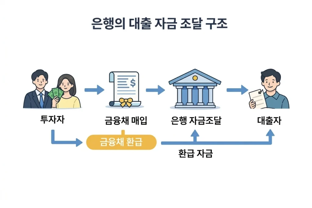 은행 대출 자금조달 구조, 금융채 발행과 투자자 자금 흐름 설명 이미지