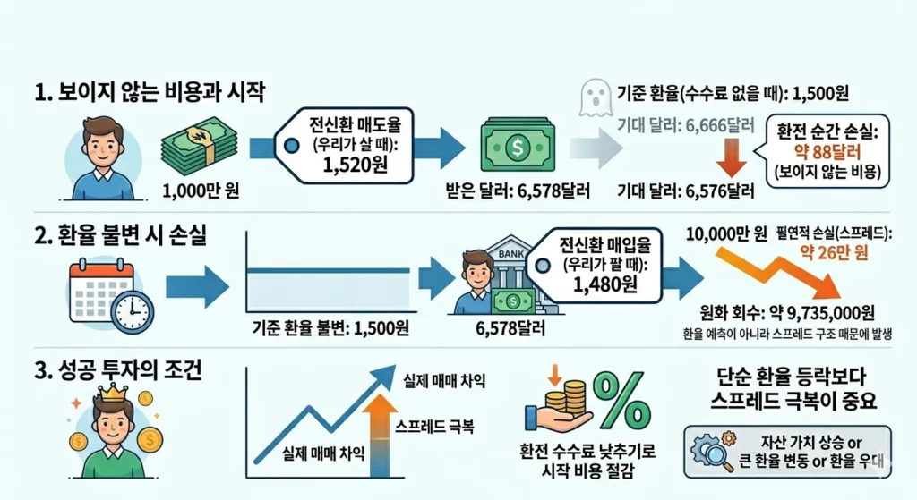 환율 스프레드 개념과 환전 수수료 손실 구조 설명, 달러 투자 시 실제 수익 계산 인포그래픽