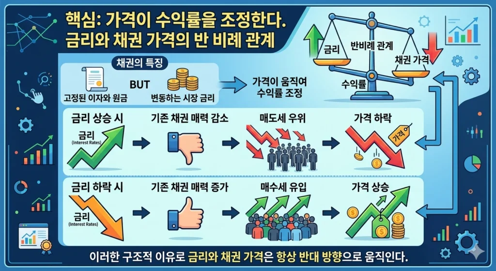 금리와 채권 가격의 반비례 관계를 설명하고 가격 변동으로 수익률이 조정되는 구조를 정리한 인포그래픽