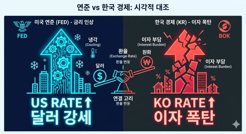 US 금리 인상과 달러 강세가 한국 시장에 미치는 영향, 이자 폭탄과 원화 가치 하락의 연결 고리 설명 이미지