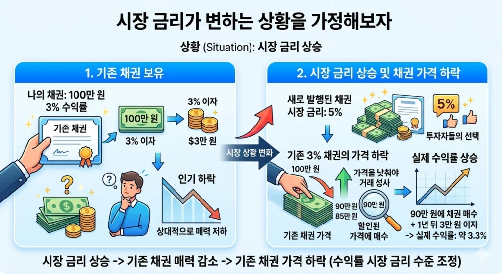 채권 가격과 금리 관계 설명 이미지, 시장 금리 상승 시 기존 채권 가격 하락 구조를 도식화