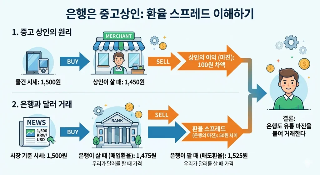 환율 스프레드 개념 설명, 은행 매도환율과 매입환율 차이로 발생하는 수익 구조 인포그래픽