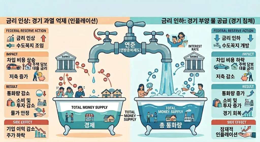 연준(Fed)의 금리 인상 및 인하 정책이 시장 통화량, 소비, 투자, 주가에 미치는 영향 비교 요약도
