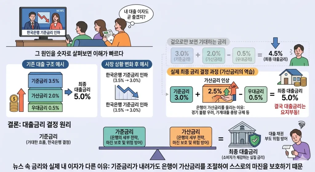 기준금리와 가산금리, 우대금리의 합으로 결정되는 최종 대출금리 산출 방식 및 은행의 마진 보호 원리 인포그래픽