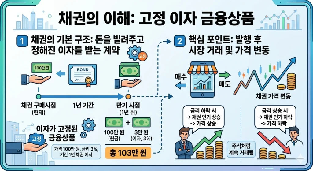 채권의 기본 구조와 시장 가격 변동 원리를 설명하는 인포그래픽
