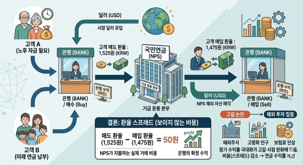 환율 스프레드 구조와 국민연금 외환 거래 흐름, 매도·매입 환율 차이 설명 인포그래픽