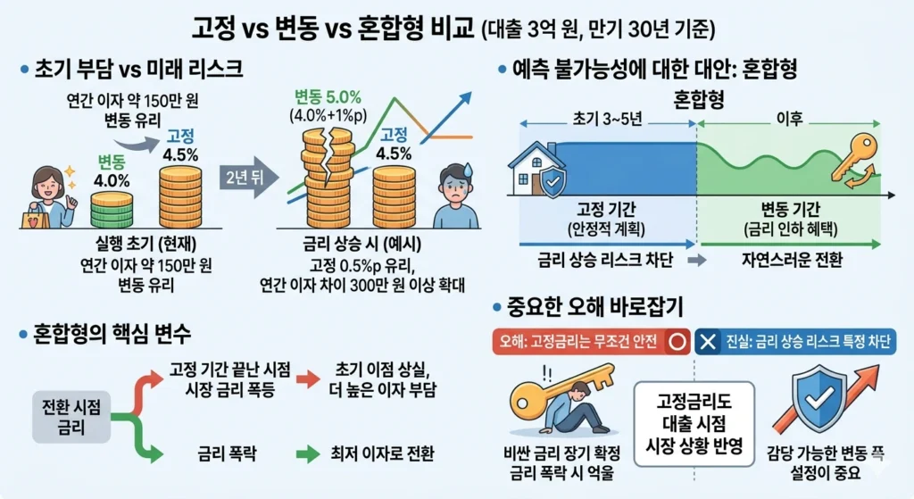 고정금리 vs 변동금리 vs 혼합형 대출 비교, 금리 상승과 이자 부담 변화 구조 설명 이미지