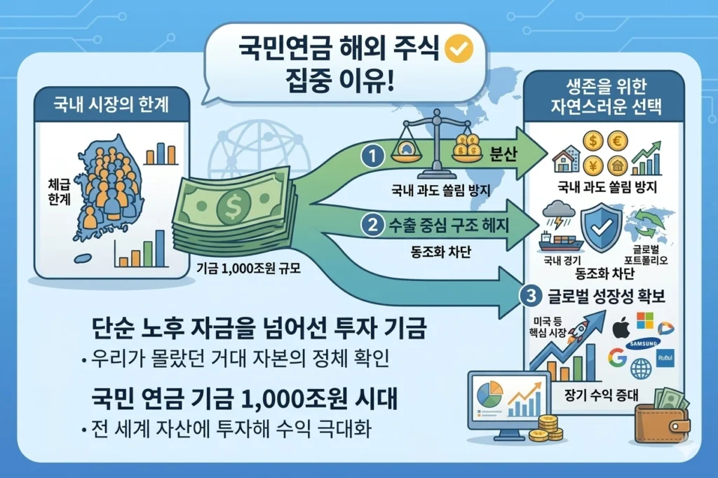 국민연금 해외주식 투자 이유, 글로벌 분산투자와 수익률 확대 전략 인포그래픽