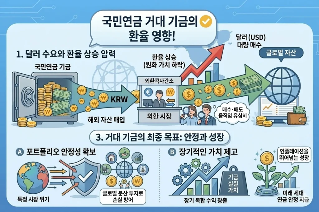 국민연금 환율 영향 설명, 해외 자산 투자와 달러 수요 증가로 인한 환율 상승 구조 이미지
