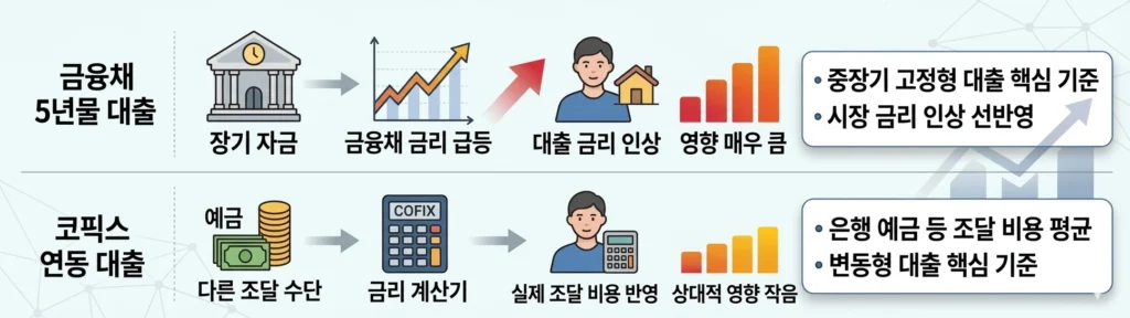 금융채 5년물과 코픽스 차이, 고정형과 변동형 대출금리 기준 비교 인포그래픽