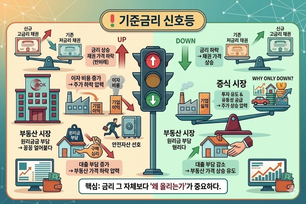 기준금리 변화가 주식과 부동산 시장에 미치는 영향, 금리 상승과 하락에 따른 자산 가격 변화 인포그래픽