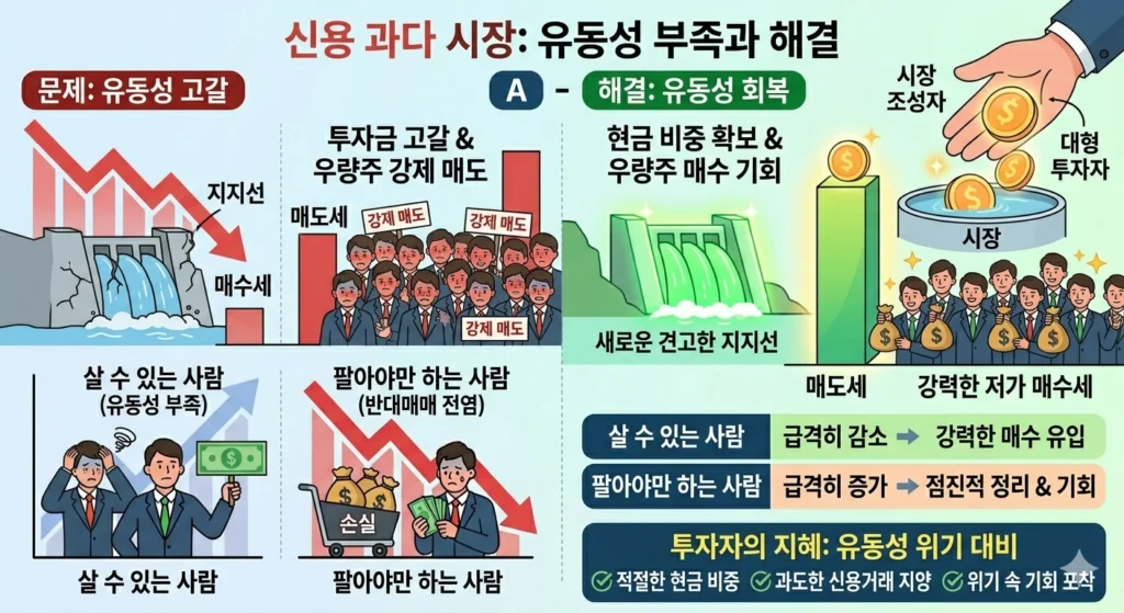 신용 과다 시장과 유동성 부족 구조 설명, 반대매매와 강제매도 발생 과정 및 회복 흐름 인포그래픽
