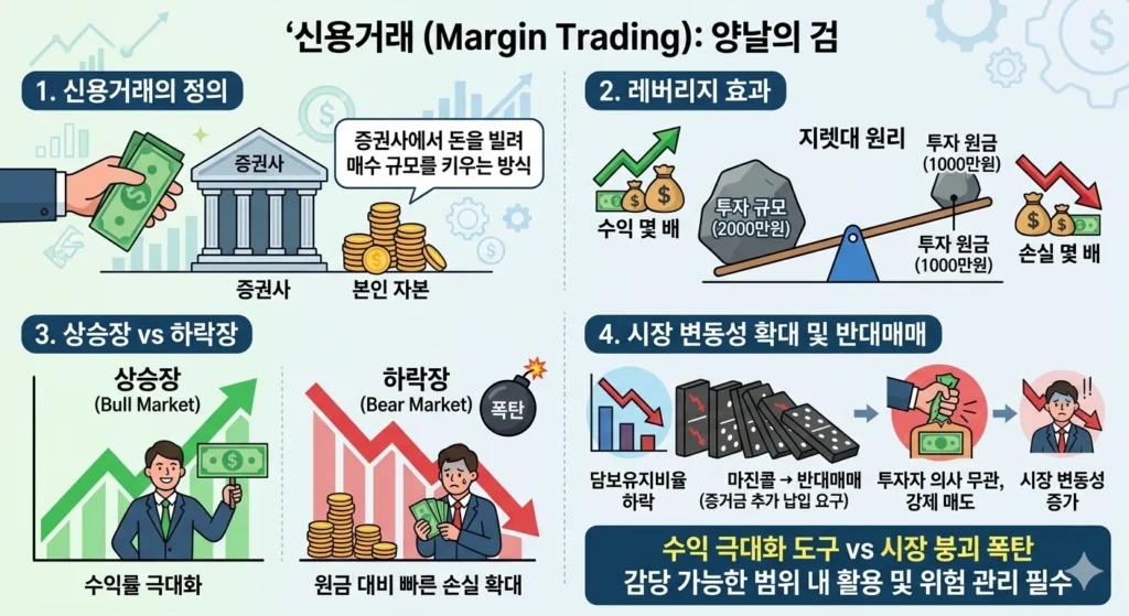 주식 신용거래 개념과 레버리지 원리, 반대매매 발생 구조와 위험성 설명 이미지