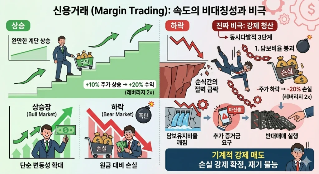 신용거래와 레버리지 구조 설명, 반대매매와 강제청산으로 인한 손실 확대 과정 인포그래픽