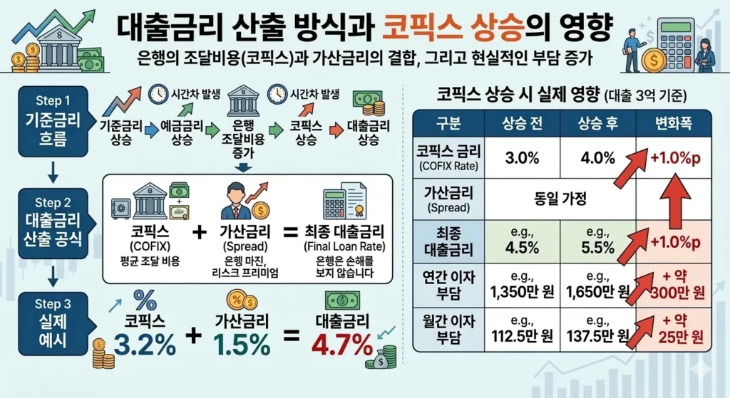 코픽스 기반 대출금리 산출 구조와 금리 상승 영향, 가산금리 포함 이자 부담 변화 인포그래픽