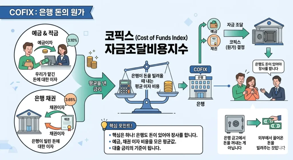 코픽스(COFIX) 개념 설명, 은행 자금조달비용과 대출금리 기준 구조 인포그래픽