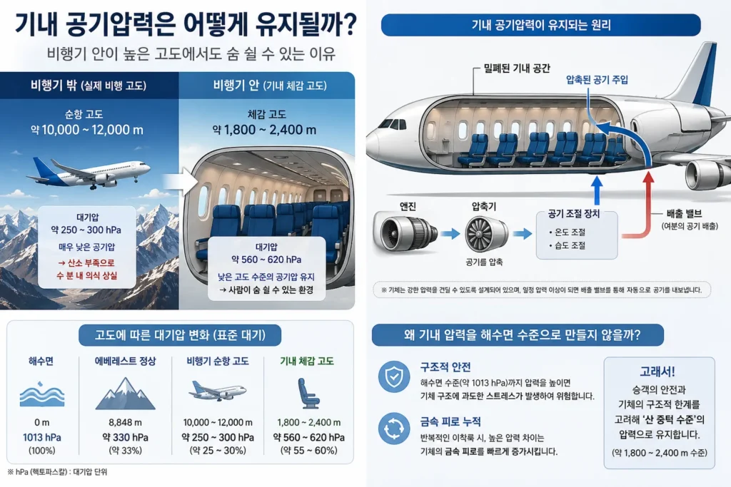 비행기 기내 압력 유지 원리와 실제 고도 대비 체감 고도를 설명한 인포그래픽