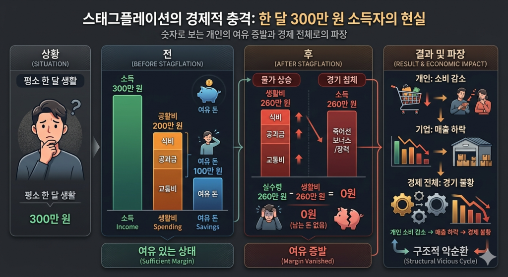 생활비 증가와 소득 감소로 소비가 줄어드는 경제 구조 설명