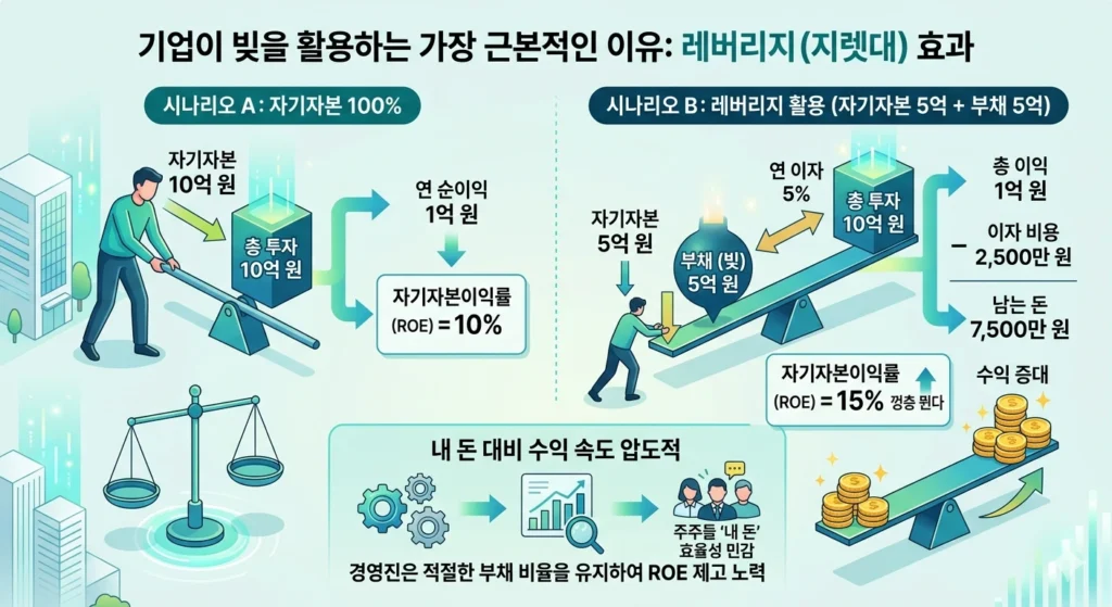 기업이 빚을 활용해 수익률을 높이는 레버리지 구조 설명