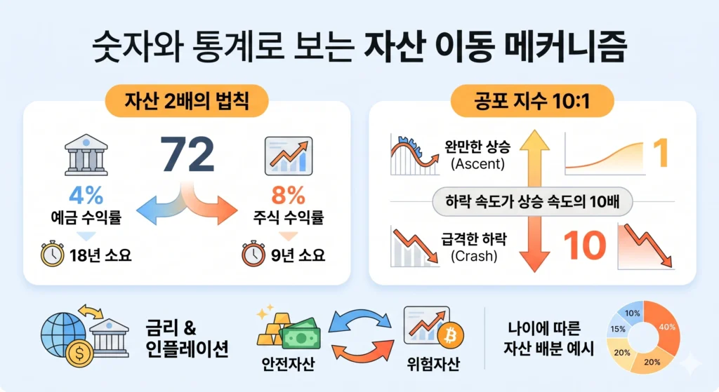 자산 관리 통계 그래프. 72의 법칙에 따른 예금 및 주식 수익률별 소요 기간 비교, 상승 대비 10배 빠른 시장 하락 속도 지수, 연령별 안전자산 및 위험자산 배분 가이드라인 이미지.