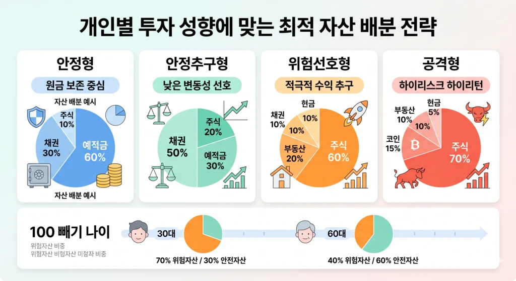 4가지 투자 성향별(안정형~공격형) 포트폴리오 파이 차트와 '100 빼기 나이' 법칙을 적용한 연령별(30대 vs 60대) 자산 배분 비중 시각화 인포그래픽.