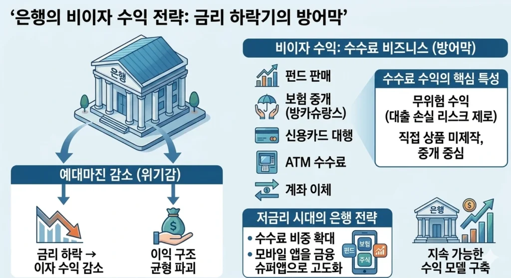 금리 하락기 은행 수익 방어 수수료 기반 비이자 수익 모델 설명 이미지
