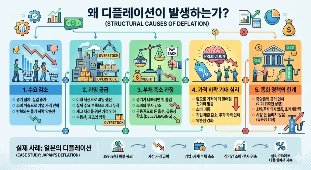 일본 디플레이션 사례 포함 물가 하락 구조와 경제 위축 과정 설명 이미지