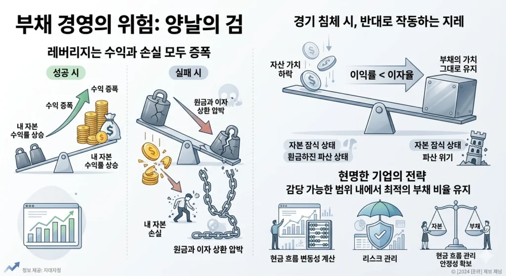 레버리지 양날의 검 기업 부채 위험과 수익 손실 구조 설명