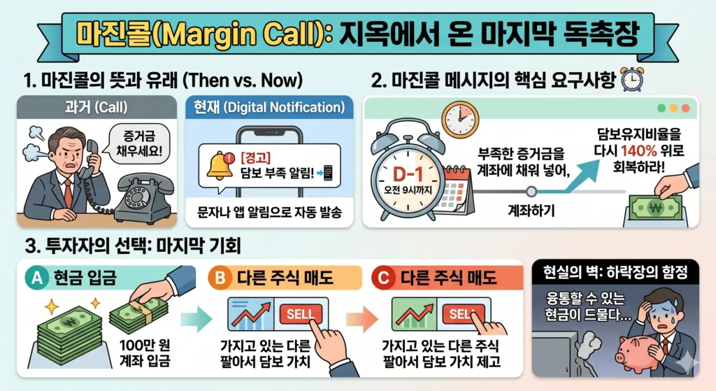 마진콜 뜻과 발생 원인, 담보유지비율 140% 회복을 위한 투자자의 대응 방법(현금 입금 및 주식 매도)을 직관적으로 시각화한 금융지식 교육용 인포그래픽.