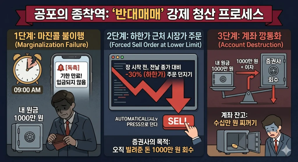 주식 신용거래 미이행 시 발생하는 반대매매 강제 청산 3단계 구조와 하한가 매도 주문으로 인한 계좌 깡통화 과정을 설명하는 금융지식 인포그래픽.