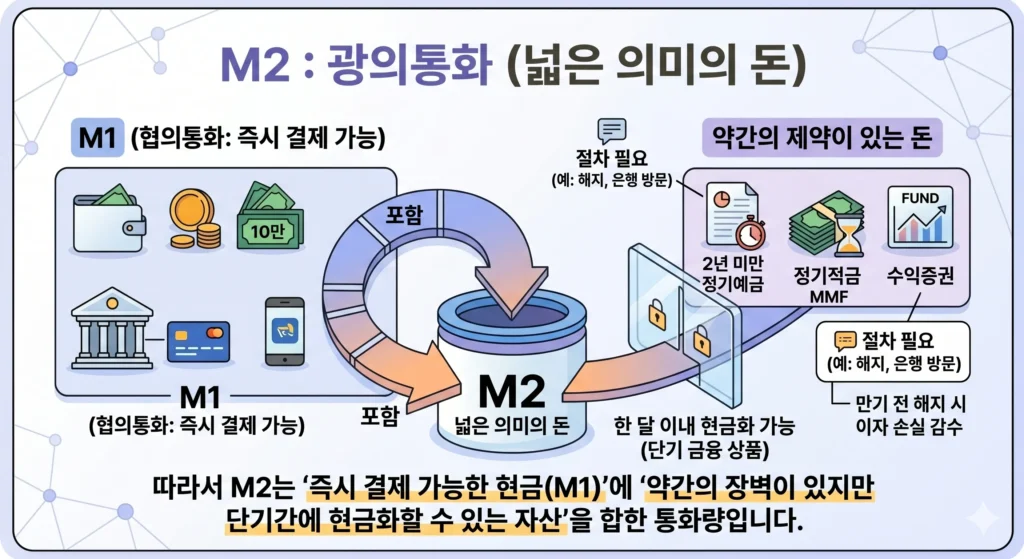 M2 광의통화(넓은 의미의 돈)의 개념을 설명하는 인포그래픽