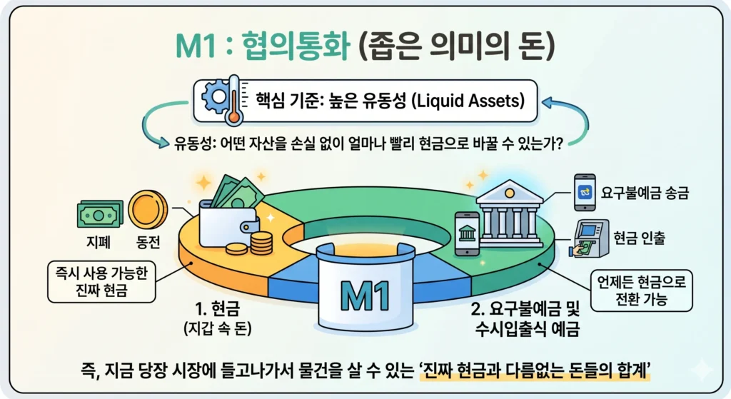M1 협의통화의 개념과 구성을 설명하는 인포그래픽. M1은 높은 유동성을 가진 '즉시 사용 가능한 진짜 현금'을 뜻하며, 지갑 속 현금(지폐·동전)과 은행의 요구불예금 및 수시입출식 예금(스마트폰 송금, ATM 인출 가능)의 합계로 구성되어 있음을 원형 다이어그램과 일러스트로 표현한 이미지.