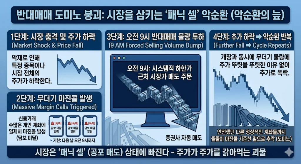 하락장에서 반대매매 물량이 대량으로 쏟아질 때 발생하는 시장 전체의 주가 폭락 악순환과 오전 9시 급락 현상의 원인을 도미노 비유로 표현한 금융지식 인포그래픽.