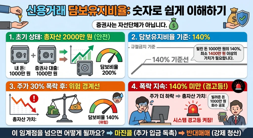 주식 신용거래 담보유지비율 140% 기준과 주가 폭락 시 마진콜, 반대매매로 이어지는 강제 청산 구조를 숫자로 쉽게 풀어낸 금융지식 인포그래픽 이미지.