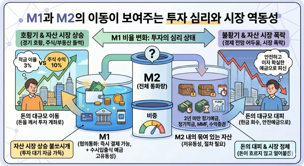 호황기와 불황기에 따른 M1(협의통화)과 M2(광의통화)의 자금 이동 및 투자 심리 변화를 비교 설명하는 인포그래픽