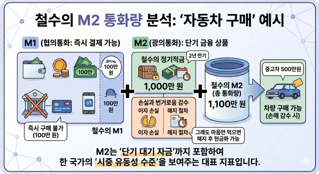 철수의 '자동차 구매' 예시를 통해 M2 광의통화의 개념을 설명하는 수식형 인포그래픽. 철수가 가진 M1(즉시 결제 가능한 현금 100만 원)에 2년 만기 정기적금(이자 손실과 해지 절차가 필요한 1,000만 원)을 더해 총 1,100만 원의 M2 통화량이 계산됨을 보여준다. 이 자금은 손해를 감수하면 오늘이라도 깨서 500만 원짜리 중고차를 살 수 있는 '단기 대기 자금'이며, M2가 시중 유동성 수준을 파악하는 대표 지표임을 설명하는 이미지.