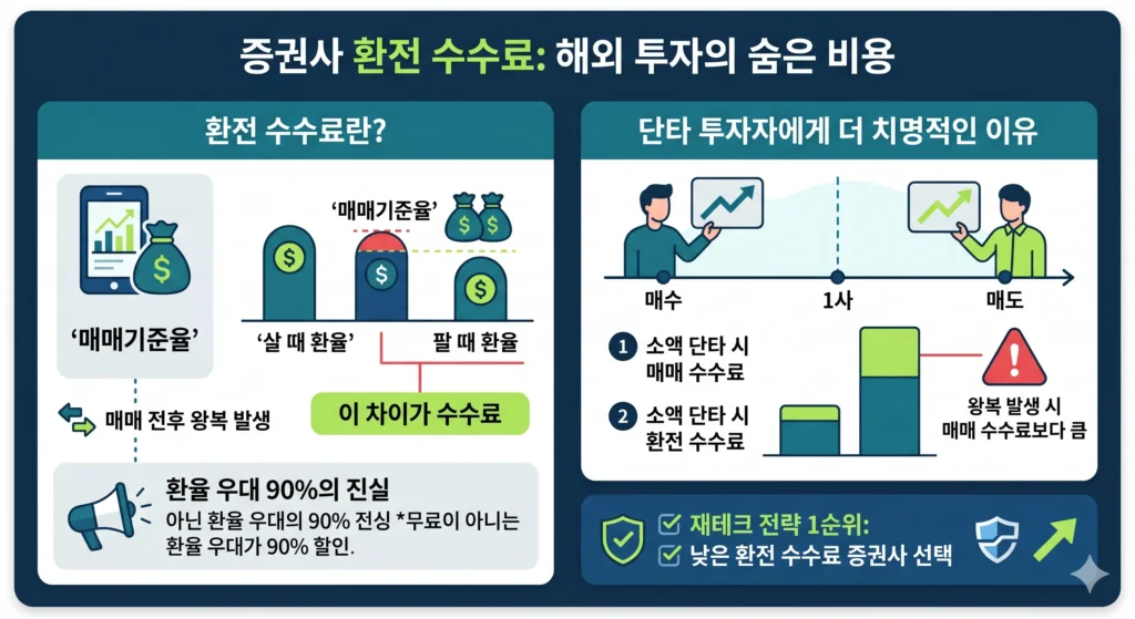매매기준율과 살 때, 팔 때 환율 차이로 발생하는 환전 수수료와 증권사 선택 전략을 설명하는 이미지