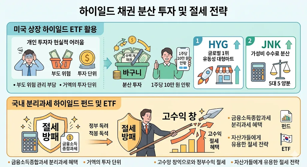 '하이일드 채권 분산 투자 및 절세 전략' 인포그래픽. 상단 연두색 영역은 '미국 상장 하이일드 ETF 활용' 전략을 설명합니다. 개인 투자자의 현실적인 어려움(부도 위험 관리 부담, 거액의 투자 단위)을 해결하기 위해 수백 개의 채권을 바구니에 담아 분산 투자하는 ETF를 추천하며, 1주당 10만 원 안팎으로 투자가 가능함을 보여줍니다. 대표 상품으로 글로벌 1위 유동성을 가진 대형마트 같은 'HYG'와 가성비 수수료로 시장을 5대 5로 양분하는 'JNK'를 소개합니다. 하단 주황색 영역은 '국내 분리과세 하이일드 펀드 및 ETF' 전략을 설명합니다. 정부 독려 하에 특정 요건을 갖춘 펀드에 부여되는 금융소득종합과세 분리과세 혜택을 '절세 방패'로, 고수익 추구를 '고수익 창'으로 비유하여 자산가들에게 유용한 절세 전략임을 보여줍니다.