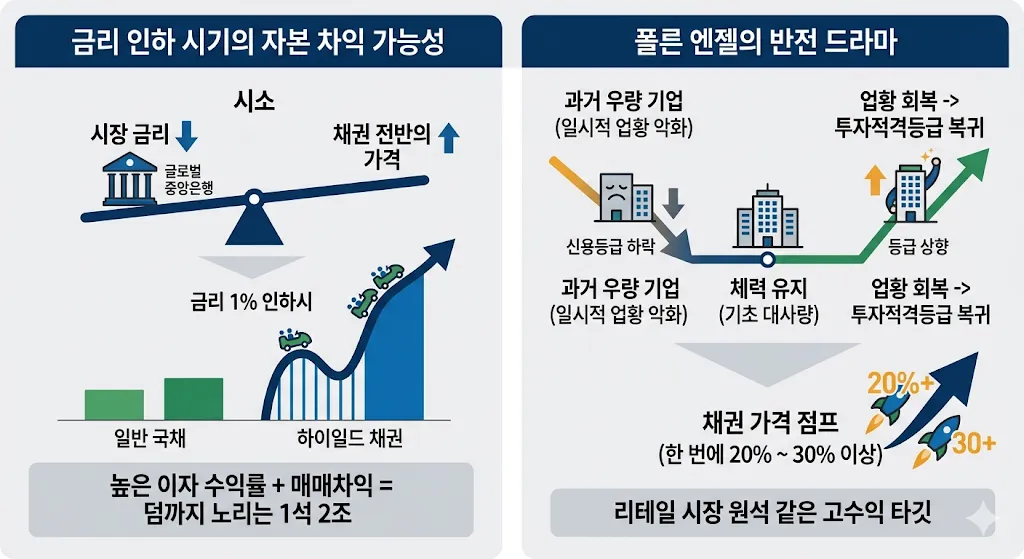 하이일드 채권 투자의 두 가지 고수익 기회를 요약한 인포그래픽. 금리 인하 시 금리가 1% 내려갈 때 하이일드 채권의 가격 상승 폭이 국채보다 훨씬 크다는 점과 과거 우량 기업이었으나 등급이 하락한 '폴른 엔젤'이 등급 복귀 시 채권 가격이 한 번에 20~30% 이상 상승한다는 점을 설명합니다. 높은 이자 수익에 매매차익까지 노리는 전략적 타깃임을 보여줍니다.
